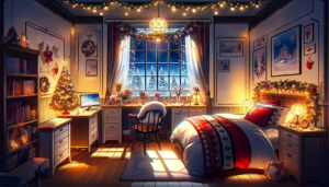 クリスマスに飾られたベッドルーム。窓際には美しく飾られたクリスマスツリーがあり、窓は雪が積もった森の景色を望むことができる。部屋には暖かな光が満ち、壁にはクリスマスの絵や装飾が飾られている。ベッドには雪の結晶模様の寝具があり、デスクの上にはクリスマスの飾りとキャンドルが並んでいる。