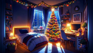 煌びやかなクリスマスの装飾が施された居心地の良いベッドルーム。ベッドには雪の結晶模様の寝具がかけられており、部屋の隅にはライトアップされたクリスマスツリーがある。部屋にはクリスマスの飾りがたくさんあり、デスクにはパソコンが置かれている。窓からは雪が降る静かな夜の景色を見ることができる。