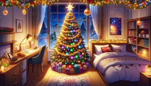 リスマスツリーが窓際に飾られたベッドルーム。ツリーはカラフルなライトで照らされ、プレゼントがその下に置かれている。部屋は暖かい光で満たされており、ベッドには雪の結晶模様の寝具があり、デスクで勉強している人のシルエットが見える。窓からは雪が降る夜景を眺めることができ、部屋全体にはクリスマスの飾りが施されている。
