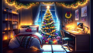 クリスマスに装飾された居心地の良いベッドルーム。部屋の中央には美しく飾り付けられたクリスマスツリーが立ち、その足元には色とりどりのプレゼントが置かれている。ベッドには伝統的なクリスマスの模様があしらわれた寝具があり、デスクには勉強している人の姿が見える。窓からは静かな雪の夜の景色が見え、部屋は祝祭の雰囲気で満たされている。