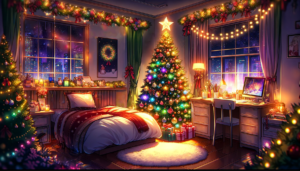 華やかなクリスマスの装飾が施されたベッドルーム。ベッドには赤と白の寝具があり、ツリーはカラフルな飾りでいっぱいだ。窓には光るガーランドと大きなリースがかかっており、壁にはクリスマスの絵が飾られている。デスクにはパソコンが置かれており、都市の夜景を背景に温かい光が部屋を照らしている。