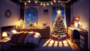 クリスマスに飾り付けられたベッドルーム。床には柔らかいラグが敷かれ、窓際には光るクリスマスツリーが立っており、その下にはプレゼントが置かれている。ベッドには赤と白の寝具があり、壁にはリースやクリスマスの絵が飾られている。デスクにはランプがあり、夜景の中で勉強している人の姿が見える。