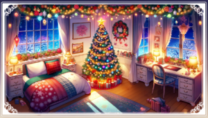 クリスマスの飾り付けが施された明るいベッドルーム。壁と窓にはガーランドとライトが飾られ、大きなクリスマスツリーが部屋の雰囲気を盛り上げている。ベッドには色とりどりの雪の結晶があしらわれた寝具がかけられており、窓の外には雪が降る静かな景色が広がっている。デスクとナイトスタンドにはクリスマスの装飾品が置かれ、温かみのある光で照らされている。