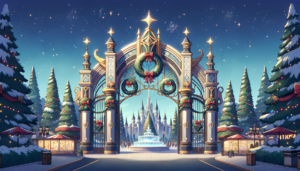 星がきらめく夜空の下、豪華な装飾が施された門のイラストです。門は金色と青色で飾られ、リースとヒイラギの飾りがあります。背景には雪に覆われた木々と遠くに見える城があり、門を通るとその城へと続く道が描かれています。門の両側にはクリスマスツリーが飾られ、冬の魔法のような雰囲気を演出しています。