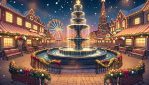 夜空に光る星々と共に、クリスマスの飾り付けを施された公園のイラストです。中央には高い噴水があり、その周囲をクリスマスライトで飾られた柵が囲んでいます。背景には観覧車と高く飾られたクリスマスツリーが見え、周囲には休憩用のベンチと屋根付きの店舗があります。店舗やベンチにもリースやライトが施されており、祝祭の雰囲気が感じられます。