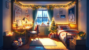 クリスマスの飾りでいっぱいの温かい部屋のイラスト。机の上にはキャンドルとクリスマスの装飾品、窓の外には雪景色とクリスマスツリーが見える。ベッドは赤と白のチェック柄の寝具で飾られ、床にはギフトが置かれている。
