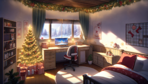 雪が降る外の景色を窓越しに望むことができるクリスマスに装飾された部屋のイラスト。部屋はクリスマスツリー、プレゼント、暖かい灯りのランプとキャンドルで満たされている。壁にはクリスマスに関連した美しい絵が掛けられている。