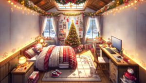 クリスマスの飾りつけがされた居心地の良い寝室のイラスト。ベッドは赤、白、緑のクリスマス色の寝具で飾られ、壁と窓にはリースやガーランド、クリスマスカードが飾られている。窓からは雪が降る外の風景が見え、部屋にはプレゼントが置かれている。