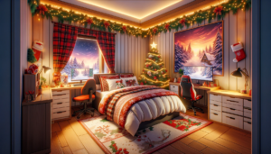 雪の降る夜景が窓から見える、クリスマス装飾で満たされた暖かな寝室のイラスト。部屋には光り輝くクリスマスツリーと多くのプレゼント、そしてクリスマスの飾りがあしらわれた寝具があり、壁にはクリスマスの絵が飾られている。