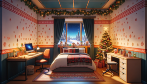クリスマスモチーフの壁紙と装飾が施された居心地の良い寝室のイラスト。窓からは雪景色が見え、部屋には飾られたクリスマスツリーとプレゼント、そして赤と白の寝具があるベッドが中心にある。