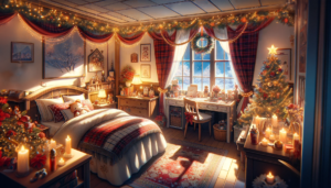 夕暮れ時の雪景色を窓から眺められる、クリスマスで飾り付けられた温かみのある寝室のイラスト。部屋はガーランド、キャンドル、クリスマスツリーで満たされ、ベッドサイドにはクリスマスプレゼントが積まれている。