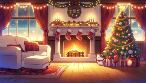 雪の降る夜の窓の外を眺めながら、クリスマスツリーと暖炉の前で暖かく過ごせる居間のイラスト。暖炉の上にはリースとキャンドルが飾られ、ソファの上には柔らかそうなクッションがあり、床にはギフトが並んでいる。