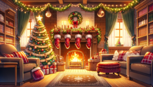 クリスマスの装飾で満たされた快適なリビングルームのイラスト。暖炉のマントルピースにはガーランドとストッキングが飾られ、部屋はソファ、クッション、クリスマスツリー、そして多くのプレゼントで飾りつけられている。窓の外は雪が積もった静かな夜である。