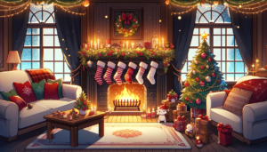 暖炉の火が揺らぐ、クリスマスで飾り付けられた居間のイラスト。窓から見える雪が降る景色と、ガーランドやクリスマスツリーで飾られた室内が温かい雰囲気を演出している。