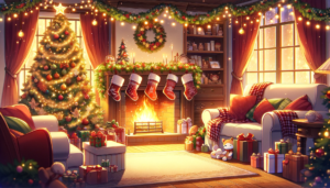 クリスマスの装飾が施された居間のイラスト。壁にはクリスマスの靴下が掛かり、暖炉の上にはガーランドとキャンドルが飾られている。部屋の中央には飾り付けられたクリスマスツリーがあり、窓の外は雪が積もった夜景が広がっている。