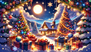 冬の夜のシーンで、中央には豪華に飾られたクリスマスツリーがあり、その周りにはさまざまな色と大きさのギフトボックスが置かれています。背景には雪が降る中、暖かい光を放つ屋根に雪が積もった小さな山小屋が見えます。空には明るい月が輝き、冬の魔法のような雰囲気を演出しています。