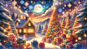 夜の雪景色の中に建つ暖かい家と、その前の雪に覆われた地面に並べられたプレゼントがあり、その上にはクリスマスツリーが輝いています。空には北極光と満月が浮かび、周りにはクリスマスツリーの装飾が吊り下げられています。このイメージはクリスマスの祝祭の雰囲気を感じさせます。