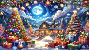 穏やかな雪の夜に設定されたクリスマスシーン。中央には美しく飾り付けられたクリスマスツリーが立ち、その周りには様々な色とサイズのギフトボックスが散りばめられている。背景には雪が積もった屋根と煙突から煙が立ち上る小さな山小屋が見え、満月が静かな夜空に輝いている。