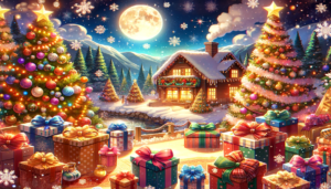 雪に覆われた景色の中でクリスマスを祝うイメージ。光り輝くクリスマスツリーがあり、その足元にはカラフルなリボンで飾られたプレゼントが多数ある。小屋はクリスマスの装飾で飾られ、穏やかな夜の空には星々がきらめき、遠くには山のシルエットが浮かんでいる。
