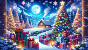 夜のクリスマスシーンで、中央にはきらびやかに飾られたクリスマスツリーが立ち、その周りにはさまざまな色と大きさのギフトボックスが積まれています。背景には雪で覆われた屋根と煙突から煙を吐き出す小さな山小屋があり、満月が明るく空に浮かんでいます。夜空には星々が輝き、クリスマスの魔法のような雰囲気を演出しています。