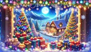 雪が降るクリスマスイブのシーンで、中央に光り輝くクリスマスツリーがあり、その足元には色鮮やかなプレゼントが並んでいます。背景には雪に覆われた屋根を持つ暖かそうな家があり、満月が夜空に輝いています。この画像は、祝祭的なクリスマスの雰囲気を感じさせるものです。