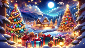雪に覆われたクリスマスの村のイメージ。中央には華やかに装飾されたクリスマスツリーがあり、その下には色とりどりのプレゼントが積み重ねられている。背景には雪に覆われた屋根のある暖かそうな家々が見え、満月が青い夜空を照らしている。