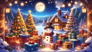 クリスマスツリーとプレゼントに囲まれた雪景色の夜。大きな満月が空に浮かび、雪が降り積もる中、温かい光を放つ家々が見える。前景には愛らしい雪だるまがあり、周囲には光り輝くクリスマスツリーが立っている。この絵は、祝祭の時期の温かさと喜びを感じさせる。