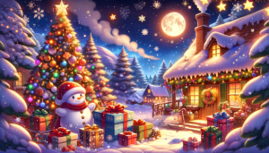の絵は、夜空に輝く大きな満月の下、雪が積もったクリスマスの村を描いています。前景には、リボンで飾られた色とりどりのプレゼントがあり、幸せな笑顔をした雪だるまがその横に立っています。背景には、温かい光が窓から漏れる小さな家々があり、2本の美しく飾られたクリスマスツリーが冬の夜を明るくしています。