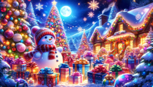 煌びやかなクリスマスツリーと、それを囲む豪華なプレゼントでいっぱいの雪景色。穏やかな夜空を照らす月明かりの中、笑顔の雪だるまが出迎えています。背景には、クリスマスの飾り付けで光り輝く家々があり、雪が積もった屋根からは暖炉の煙が立ちのぼっています。