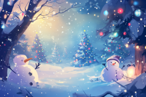  美しい冬の夜に設定された、雪が積もった風景の中で、色とりどりのライトで飾られたクリスマスツリーと雪だるまが描かれたイラスト。雪が舞い散る中、大きな木の影が落ち、その木にもカラフルな飾りがついている。雪だるまはオレンジ色の鼻と黒い石で作られた笑顔が特徴で、手袋をはめた枝の手を広げて歓迎する姿勢を示している。背景には、優しい光を放つランタンがあり、神秘的な雰囲気を演出している。