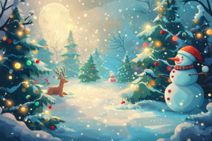 雪景色のクリスマスシーンを描いたイラストで、大きな満月が空に輝いている。中央には、赤いスカーフと帽子を身につけた笑顔の雪だるまが立ち、その周りには色とりどりのライトで飾られたクリスマスツリーが点在している。前景には、雪の上を歩く鹿が描かれており、静かな夜の平和を感じさせる。雪が静かに降り積もり、辺りは柔らかい光に包まれている。