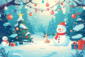 雪に覆われた明るく楽しいクリスマスの風景を描いたイラスト。前景には、大きな雪だるまが赤いマフラーとサンタ帽を身につけ、幸せそうな表情を浮かべている。そばには小さなトナカイが座っており、背景には雪で覆われたクリスマスツリーがあり、色とりどりの飾りと明るく輝く星で装飾されている。空には、青とピンクのトーンで染まった冬の空が広がり、枝にはクリスマスライトが垂れ下がっている。