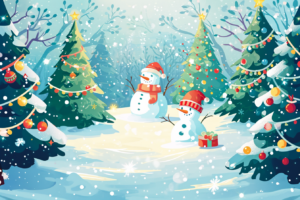冬の日中の雪景色を背景にしたクリスマスの風景が描かれたイラスト。前景には二つの雪だるまがおり、一つは赤いマフラーと帽子をつけ、もう一つは青いマフラーをつけている。両方とも微笑んでおり、その間には赤いリボンがついたプレゼントの箱が置かれている。背景には雪に覆われた数本のクリスマスツリーがあり、色とりどりの飾りで飾られている。雪が降り続ける中、静かで平和な雰囲気が漂っている。