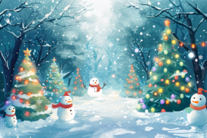 静かな雪の降るクリスマスの夜の風景が描かれたイラスト。薄暗い森の中に、光り輝くクリスマスツリーが三本立ち並び、その間には楽しげな表情をした雪だるまが三体、それぞれ異なる帽子とマフラーを身につけている。木々は雪で覆われ、空からは雪が静かに舞い落ちており、全体に静謐で温かみのある雰囲気が広がっている。