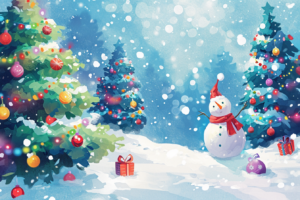 青空と舞い散る雪を背景にしたクリスマスの風景が描かれたイラスト。中央には赤いスカーフをした雪だるまが一体、優しく微笑んでおり、その足元には小さな赤いプレゼントの箱が二つ置かれている。雪だるまの背後には色とりどりの飾り付けられたクリスマスツリーが二本あり、雪の中で鮮やかに光っている。白と青のトーンが交じり合い、冬の魔法のような情景を作り出している。