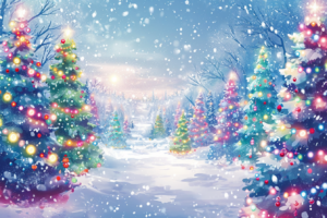 雪が静かに降り積もるクリスマスの森の風景が描かれたイラスト。穏やかな夕暮れ時、色とりどりの電飾が施されたクリスマスツリーが並び、その美しい光が雪に反射している。木々の間からは、柔らかな冬の光が差し込み、遠くに見える山々が雪景色の空に溶け込んでいる。