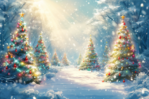 陽光が雪に覆われた森を照らすクリスマスの風景を描いたイラスト。木々には雪が積もり、その間に立つクリスマスツリーには、赤、緑、黄色の装飾が施され、頂点には輝く星が輝いている。周囲は金色に輝く太陽の光によって明るく照らされ、雪の結晶が空中に舞い、冬の魔法のような情景を作り出している。