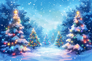 雪が降る夜空の下、冬の森の中に並ぶ、色とりどりのライトで飾られたクリスマスツリーのイラスト。空は青く澄んでおり、雪の中でツリーのライトが鮮やかに輝いている。ふわふわとした雪が静かに降り積もり、冬の魔法のような幻想的な雰囲気を演出している。