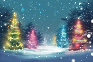 雪が舞う静かな夜に照らされた、色とりどりの光を放つクリスマスツリーが立ち並ぶイラスト。各ツリーは異なる色のライトで飾られており、暖かい黄色から鮮やかな青、ロマンチックな赤まで様々。周囲は雪に覆われ、夜空は淡い青色で、冬の祝祭を感じさせる美しいシーンが広がっている。