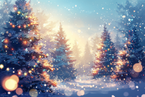 柔らかな冬の光が差し込む森の中に立つ、色とりどりのライトで装飾されたクリスマスツリーが描かれたイラスト。ふわふわの雪が舞い落ちる中、ツリーからは暖かい光が放たれ、幻想的な雰囲気を醸し出している。