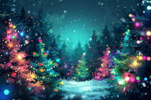暗い夜の森を明るく照らすカラフルなライトで飾られたクリスマスツリーのイラスト。静かに降り積もる雪と、木々から放たれるライトの煌めきが神秘的な美しさを演出し、鮮やかな色彩が冬の夜に暖かさをもたらしている。