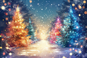 穏やかな雪の夜に輝く、温かいオレンジ色と冷たい青色のライトで飾られたクリスマスツリーのイラスト。雪が積もった小道がツリーの間を通り抜けており、キラキラと輝く雪の結晶が空中に舞い上がっている。