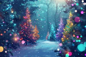 深い森の中の小道に沿って立つ、カラフルなライトで装飾されたクリスマスツリーが描かれたイラスト。暗い夜空のもと、ツリーのライトが神秘的に輝き、降り積もる雪とともに幻想的な雰囲気を演出している。