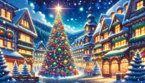 雪に覆われた屋根とクリスマスの飾り付けがされた建物が並ぶ通りに、大きなクリスマスツリーとプレゼントが置かれた夜のイラスト。空には星が輝き、静かな雪の夜が広がっている。