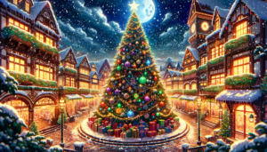 クリスマスツリーが中央に飾られた雪景色の街並みのイラスト。夜空には月と星がきらめき、街の建物にはクリスマスの装飾が施されており、地面には雪が積もりキラキラと輝いている。