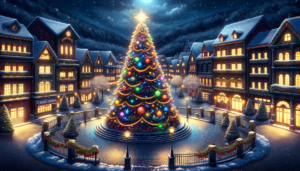 雪に覆われた建物と通りを見下ろす大きなクリスマスツリーが美しい夜のイラスト。空は星々がきらめき、窓からは暖かい光が溢れており、ツリーの周りには色とりどりのプレゼントが置かれている。