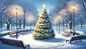 雪が積もった公園に立つ大きなクリスマスツリーのイラスト。夜空には明るい星が輝き、ベンチと街灯が穏やかな光を放ち、静かな雪の中にクリスマスの喜びが満ちている。