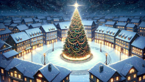 中央の円形広場に立つ大きなクリスマスツリーを囲む雪に覆われた夜の街並みのイラスト。空には繊細な雪が降り、建物の窓からは温かな灯りが溢れ、クリスマスの祝祭の雰囲気を醸し出している。