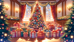 クリスマスツリーに囲まれたプレゼントがいっぱいの部屋のイラスト。ツリーは色とりどりの飾りで装飾されており、窓からは雪が降る明るい冬の日の光が差し込んでいる。