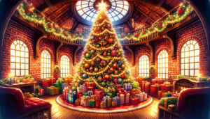 クリスマスツリーが中心に飾られた円形の部屋のイラスト。天井の窓からは明るい星が見え、レンガの壁に沿ってクリスマスのガーランドが施され、プレゼントがツリーの周りにたくさん置かれている。